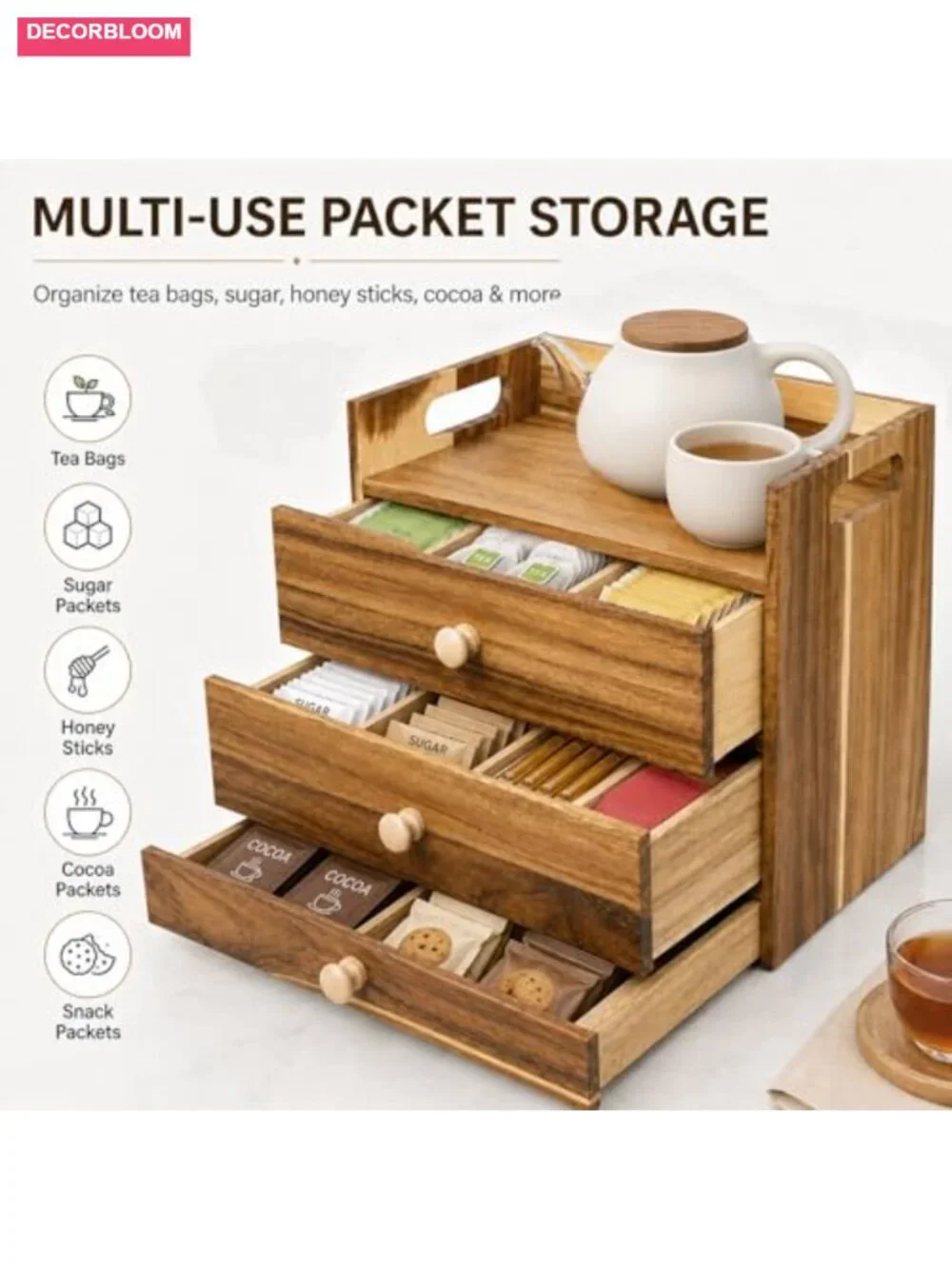 3-Tier Acacia Wood Tea Bag Organizer with 14 Compartments and Drawer